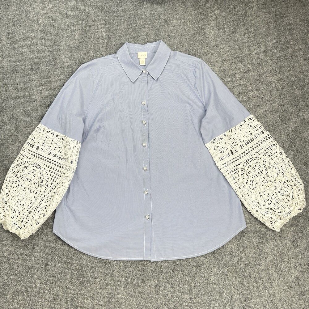 Chicos Top Sz 2 Womens XL Blue White Striped Crochet Sleeves Faux Pearl Buttons